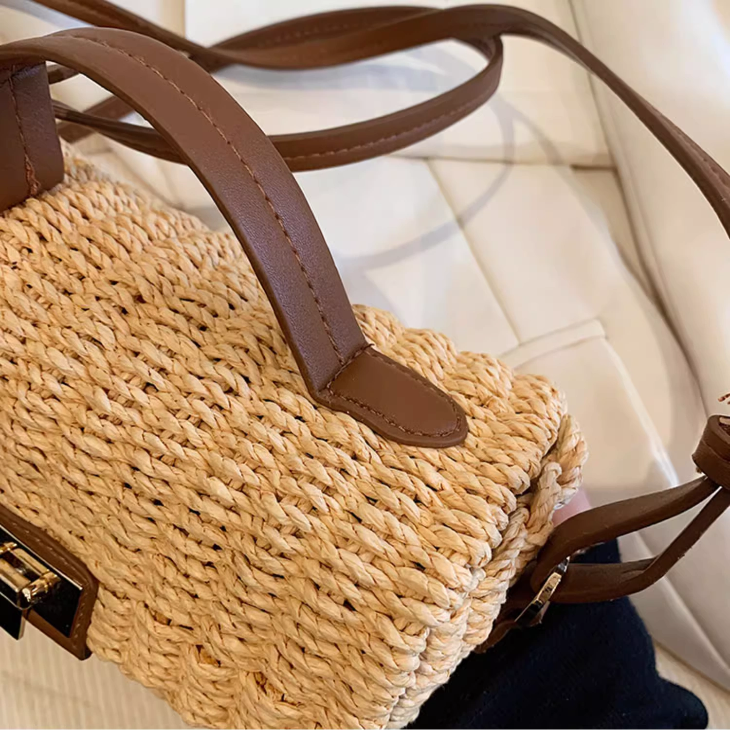 Straw Bucket Small Woven Straw Tote Large Capacity Woven Tote Bag